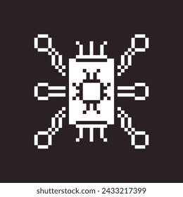 black and white simple 1bit pixel art artificial intelligence icon. computer chipset
