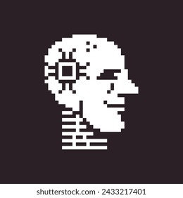 blanco y negro simple 1bit pixel art artificial inteligencia icono. cabeza de robot humanoide