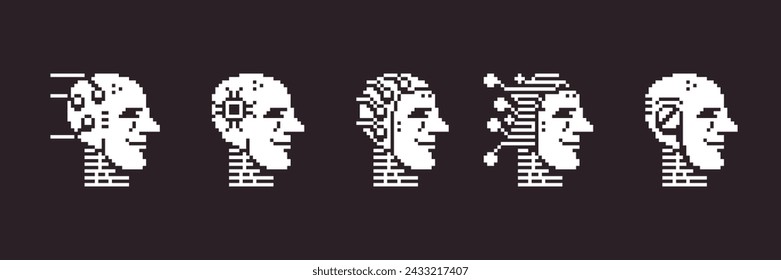 black and white simple 1bit pixel art set of artificial intelligence icons. humanoid robot head
