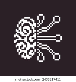 black and white simple 1bit pixel art artificial intelligence icon. brain and chipset