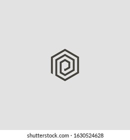black and white simple abstract outline vector flat art geometric sign of spiral striped hexagon