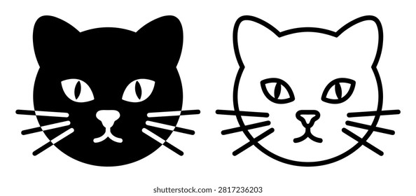 Black and white simple cat face icons with whiskers and almond-shaped eyes on transparent background