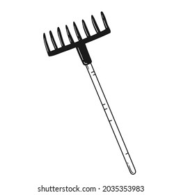 Black and white simple doodle style rake. Hand drawn vector illustration.