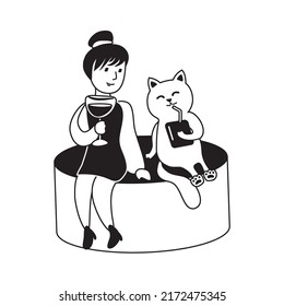 Black and white simple drawing of a cartoon girl and cat sitting on a cylinder with drinks