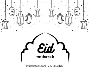 negro y blanco simple dibujado Feliz Eid Mubarak hermoso fondo con adorno islámico. tarjeta de felicitación