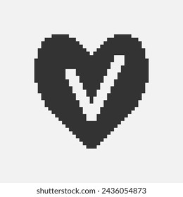 black and white simple flat 1bit pixel art abstract heart with check mark inside icon
