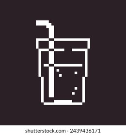 black and white simple flat 1bit vector pixel art icon of glass of cool drink with straw