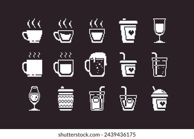 black and white simple flat 1bit vector pixel art set of glasses and cups with various drinks icons