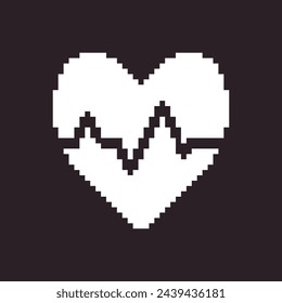 black and white simple flat 1bit vector pixel art icon of abstract heart with heartbeat line