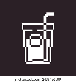 black and white simple flat 1bit vector pixel art icon of glass of cool drink with straw