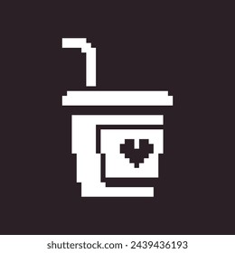 Schwarz-Weiß Einfache flache 1Bit Vektor Pixel Art-Symbol von Papiertasse mit Deckel und Stroh für Kaffee