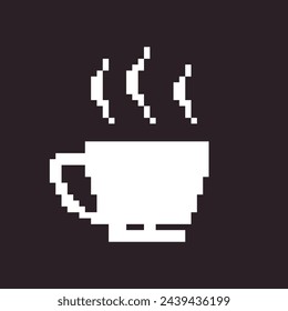 black and white simple flat 1bit vector pixel art icon of cup with hot drink