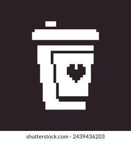 blanco y negro simple plano 1bit vector pixel art icono de taza de papel con tapa para el café