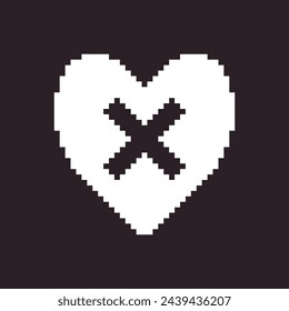 black and white simple flat 1bit vector pixel art icon of abstract heart with cancel cross