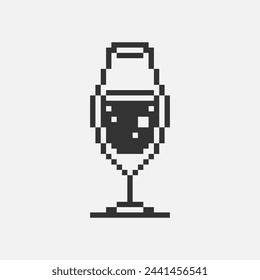 black and white simple flat 1bit vector pixel art icon of glass of sparkling wine