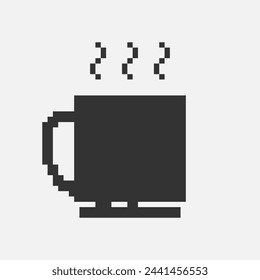 black and white simple flat 1bit vector pixel art icon of cup with hot drink