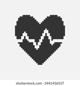 black and white simple flat 1bit vector pixel art icon of abstract heart with heartbeat line