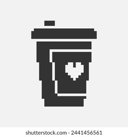 black and white simple flat 1bit vector pixel art icon of paper cup with lid for coffee