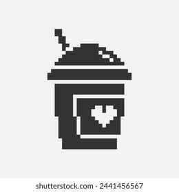 blanco y negro simple plano 1bit vector pixel art icono de taza de papel con tapa y paja para el café