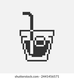 black and white simple flat 1bit vector  pixel art icon of glass of cool drink with straw