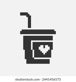 black and white simple flat 1bit vector pixel art icon of paper cup with lid and straw for coffee