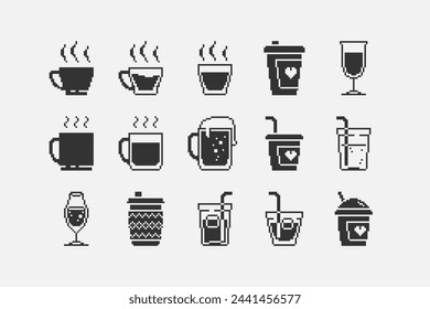 black and white simple flat 1bit vector pixel art set of glasses and cups with various drinks icons