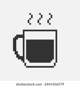 blanco y negro simple plano 1bit vector pixel art icono de copa de vidrio con bebida caliente