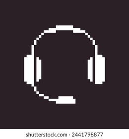 black and white simple flat 1bit vector pixel art icon of headphones with microphone