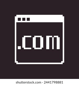 black and white simple flat 1bit vector pixel art icon of browser window with the inscription .com