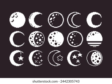 black and white simple flat 1bit vector pixel art set of different stylizations of the moon icons on black background