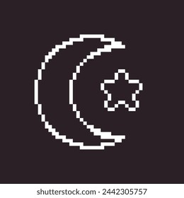 black and white simple flat 1bit vector pixel art icon of crescent moon and star silhouettes