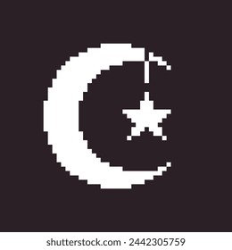 black and white simple flat 1bit vector pixel art icon of crescent moon and star on string