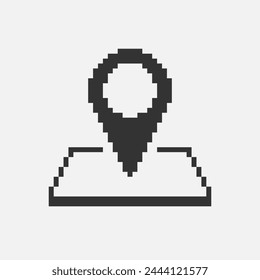 black and white simple flat 1bit vector pixel art icon of geolocation pin on the map