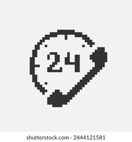 black and white simple flat 1bit vector pixel art icon of telephone handset of 24 hour support