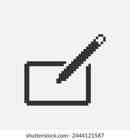 black and white simple flat 1bit vector pixel art icon of pencil or pen on tablet