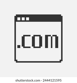 black and white simple flat 1bit vector pixel art icon of browser window with the inscription .com