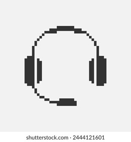 black and white simple flat 1bit vector pixel art icon of headphones with microphone