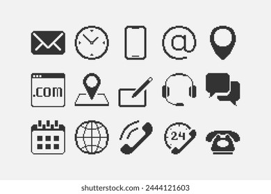 black and white simple flat 1bit vector pixel art set of contact us icons on white background