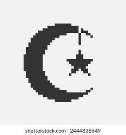 black and white simple flat 1bit vector pixel art icon of crescent moon and star on string