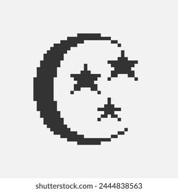 black and white simple flat 1bit vector pixel art icon of crescent moon and stars