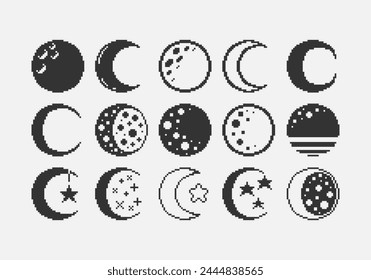 black and white simple flat 1bit vector pixel art set of different stylizations of the moon icons on white background