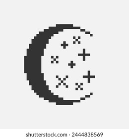 black and white simple flat 1bit vector pixel art icon of crescent moon and magic stars