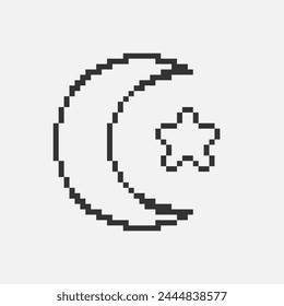 black and white simple flat 1bit vector pixel art icon of crescent moon and star silhouettes
