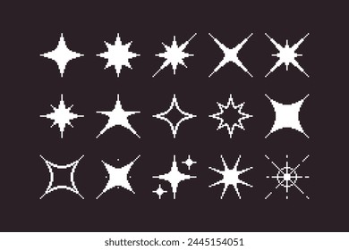 black and white simple flat 1bit vector pixel art set of different stylizations of star and sparkle icons. shine effect signs