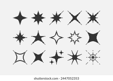 black and white simple flat 1bit vector pixel art set of different stylizations of star and sparkle icons. shine effect signs