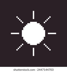 black and white simple flat 1bit vector pixel art icon of retro cartoon sun. sunlight sign