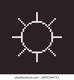 black and white simple flat 1bit vector pixel art icon of retro cartoon sun. sunlight sign