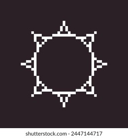 black and white simple flat 1bit vector pixel art icon of retro cartoon sun. sunlight sign