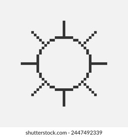 black and white simple flat 1bit vector pixel art icon of retro cartoon sun. sunlight sign