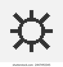 black and white simple flat 1bit vector pixel art icon of retro cartoon sun. sunlight sign